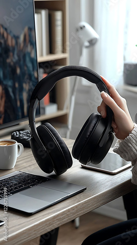 Womans hand holding stylish black overear headphones at a modern wooden desk with laptop, tablet, and coffee.  Perfect for concepts of technology, work from home, music, or audio. photo