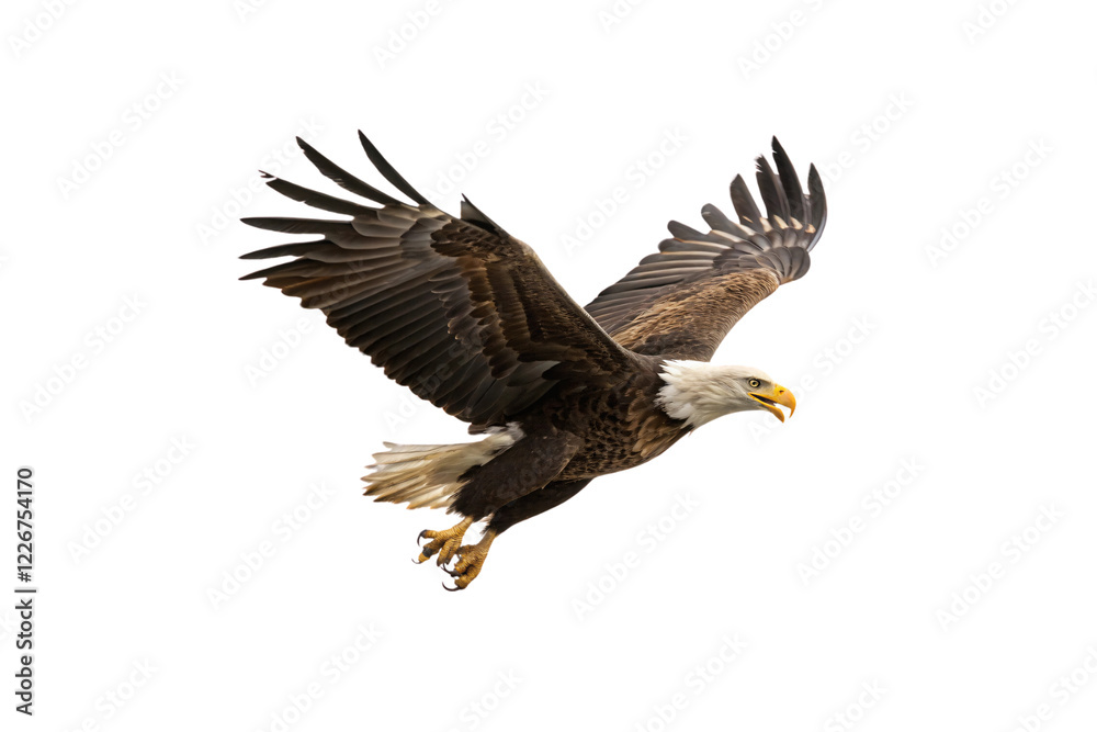 Fototapeta premium A majestic bald eagle soaring mid-air, with outstretched wings displaying intricate feather details and its sharp, determined gaze, isolated on a transparent background