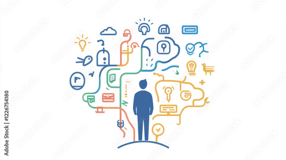 Choosing path, business strategy choice color outline icon. Making decision, business planning and searching solution thin line vector sign with lost person thinking about direction choice Choosing path, business strategy choice color outline icon. Making decision, business planning and searching solution thin line vector sign with lost person thinking about direction choice