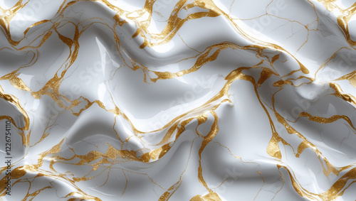  Polished White Marble with Golden Veins and Elegant Swirling Texture