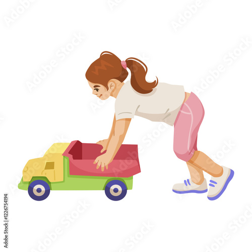 Young girl pushing a colorful toy truck on a white background. Flat graphic style. Concept of childhood play and fun. Vector illustration