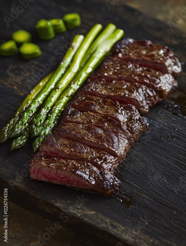 Delicious, grilled ribeye steak served with crispy asparagus spears, perfect for a meaty feast.