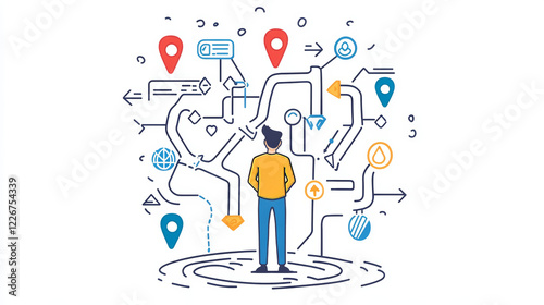 Choosing path, business strategy choice color outline icon. Making decision, business planning and searching solution thin line vector sign with lost person thinking about direction choice