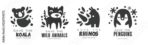 Save Wild Animal Logo and Monochrome Label Design Vector Set