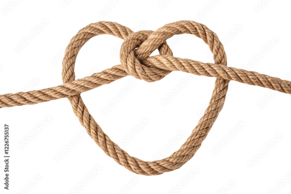 A single piece of rope tied into a wide, heart-shaped knot, with detailed twists and natural texture, isolated on a transparent background A single piece of rope tied into a wide, heart-shaped knot, with detailed twists and natural texture, isolated on a transparent background