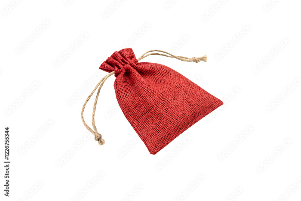 A small woven red drawstring bag with natural cord ties, offering a striking contrast of texture and color, isolated on a transparent background A small woven red drawstring bag with natural cord ties, offering a striking contrast of texture and color, isolated on a transparent background