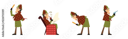 English Man Detective Investigate Crime Vector Set