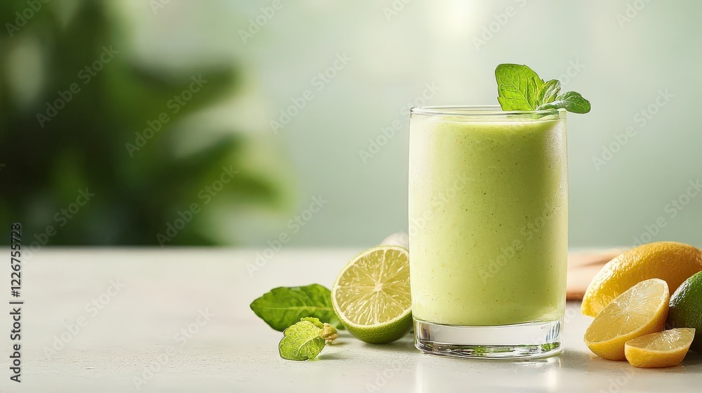 Fototapeta premium Refreshing Green Smoothie with Fresh Lime and Mint Leaves for a Healthy Lifestyle and Nutrition Focused Diet