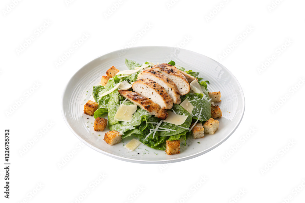 Close-up of Caesar salad with freshly grilled chicken, Parmesan, croutons, and crisp lettuce, perfectly arranged with hints of herbs on a white plate, isolated on a transparent background Close-up of Caesar salad with freshly grilled chicken, Parmesan, croutons, and crisp lettuce, perfectly arranged with hints of herbs on a white plate, isolated on a transparent background