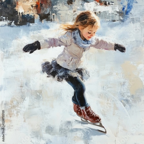 Young girl rides a skateboard on snowy terrain, a winter scene photo