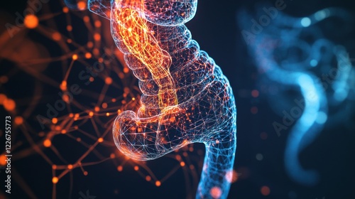 An abstract depiction of the human gastrointestinal tract with glowing digestive organs and flowing patterns against a dark, vibrant backdrop, Futuristic style