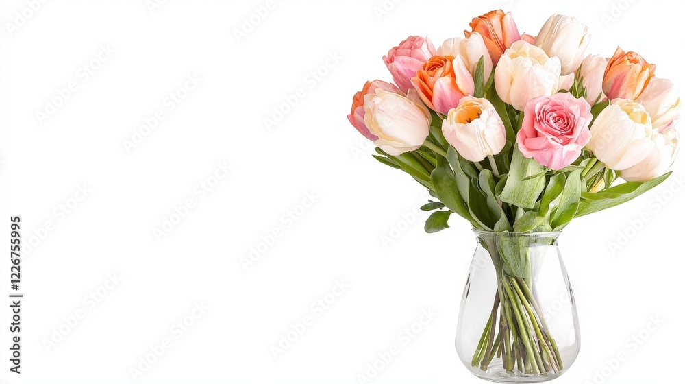 Elegant Bouquet of Pink and White Tulips in a Clear Glass Vase on White Background for Bright Floral Decor Elegant Bouquet of Pink and White Tulips in a Clear Glass Vase on White Background for Bright Floral Decor