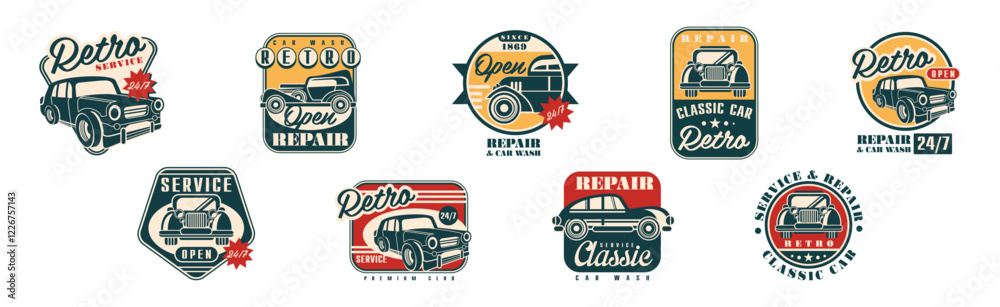 Classic Retro Car Repair and Garage Badge Vector Set