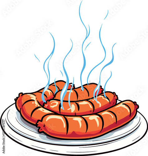 Steaming hot sausages freshly cooked on white plate