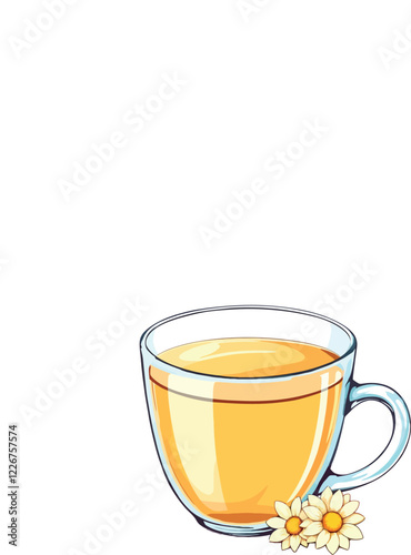 Glass cup of chamomile tea with chamomile flowers resting at the base