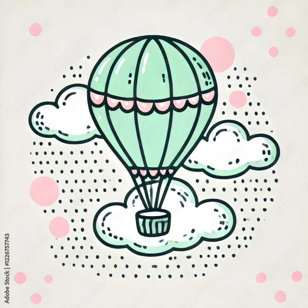 Obraz premium Hand-drawn illustration of a pastel green hot air balloon floating among clouds, surrounded by decorative dots and pink accents. 