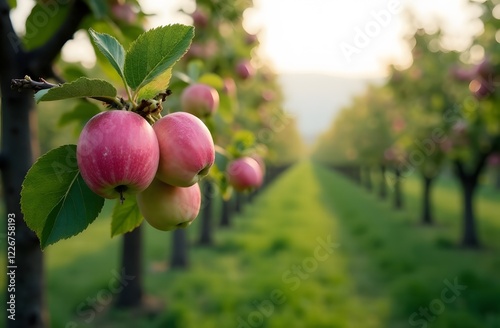 An apple orchard with red ripe apples on the branches. Two rows of apple trees are visible, full of fruits, almost ready for harvesting. Apple orchard. Morning photo photo