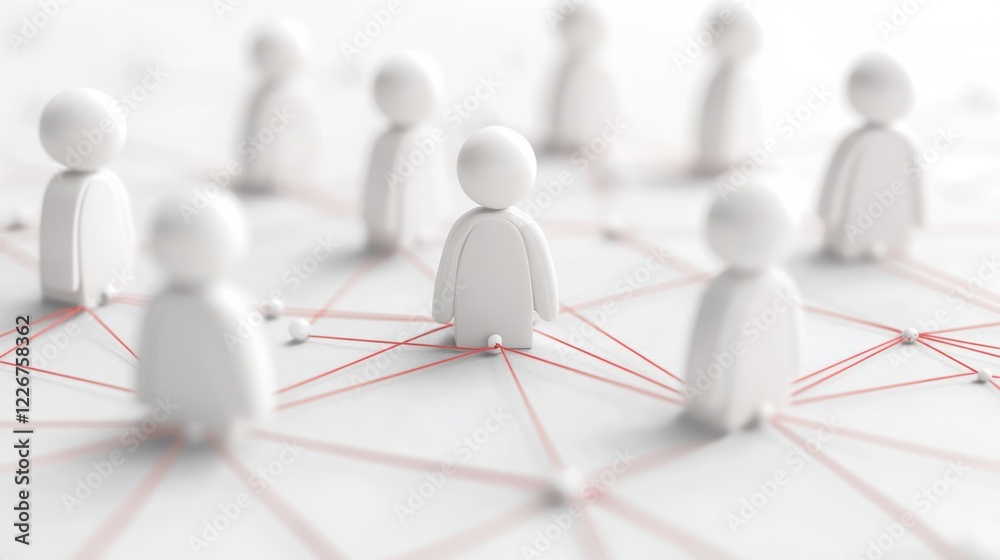Obraz premium A network of white figurines connected by red lines, symbolizing collaboration and communication in a digital ecosystem.