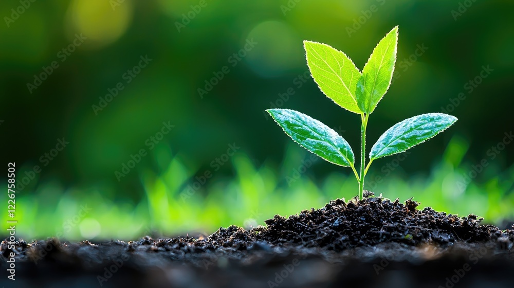 Fototapeta premium Young plant sprout growing in soil, nature background, environmental concept, sustainable growth