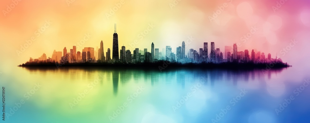 Fototapeta premium Colorful abstract city skyline reflection at sunset