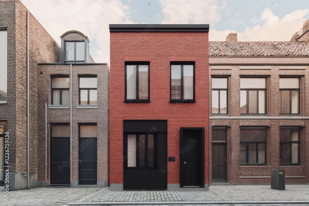 Modern architectural design showcases a striking red brick house among traditional buildings in an urban setting during the afternoon Modern architectural design showcases a striking red brick house among traditional buildings in an urban setting during the afternoon