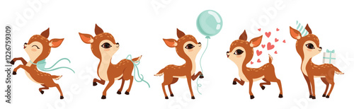 Cute Fawn or Baby Deer with Slender Legs and Pretty Snout Vector Set