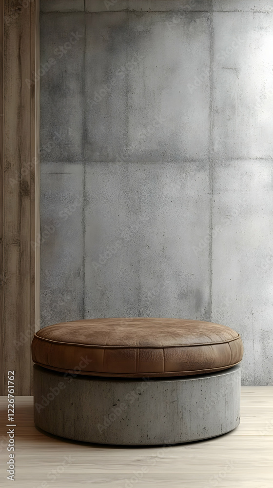 Brown Leather Ottoman on Gray Concrete Base Against Textured Wall Brown Leather Ottoman on Gray Concrete Base Against Textured Wall