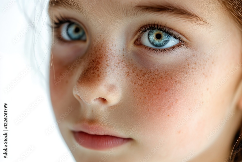 Obraz premium Close-up photo of a young girl with freckles on her face, ideal for use in personal or commercial projects