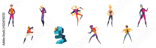 Human Cyborg and Man Character with Futuristic Prosthesis Vector Set