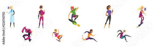 Human Cyborg and Man and Woman Character with Futuristic Prosthesis Vector Set