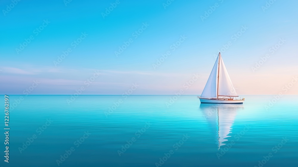 Obraz premium Quiet Water Serene Calm ocean surface with a distant sailboat, soft blue and white tones, evokes a feeling of peace and tranquility