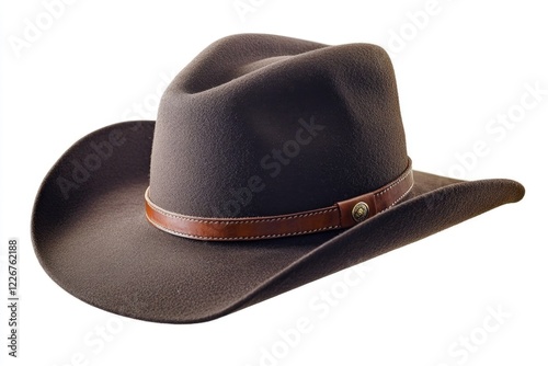 A cowboy hat with a distinctive leather band on a white background, great for use in western-themed designs or as a symbol of rugged individualism