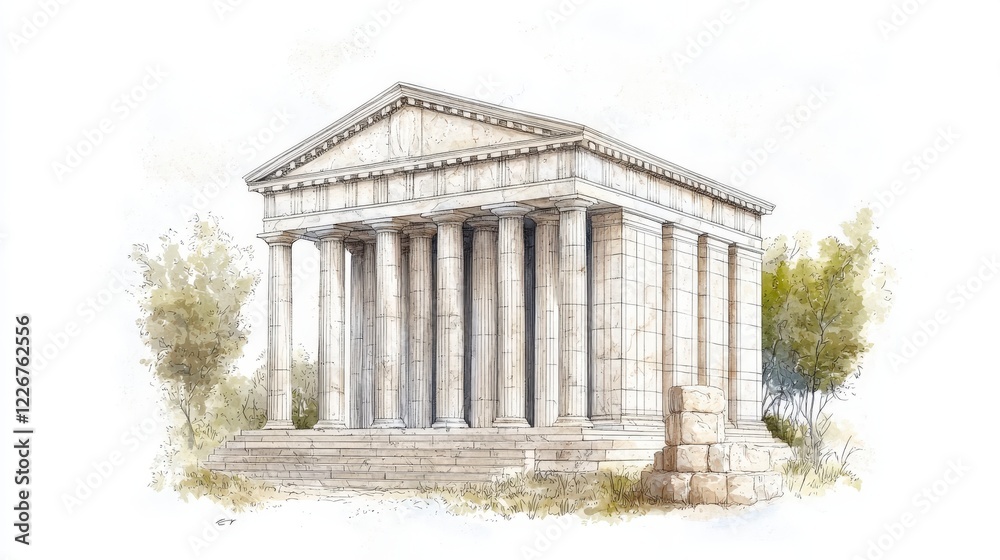Ancient Greek Temple Surrounded by Lush Greenery with Classic Architecture and Timeless Beauty in Watercolor Style Ancient Greek Temple Surrounded by Lush Greenery with Classic Architecture and Timeless Beauty in Watercolor Style