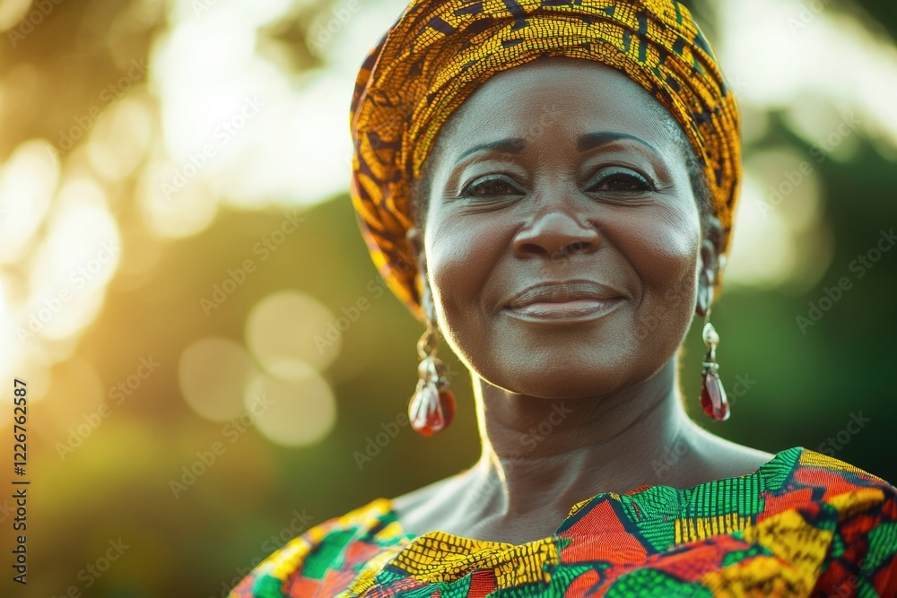 Fototapeta premium A cheerful woman wearing a colorful dress and turban poses for the camera, perfect for use in lifestyle or cultural images