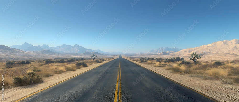A long, straight road stretching towards a distant mountain range under a clear blue sky. The road has a solid yellow line in the center and is framed by a dry, arid landscape.