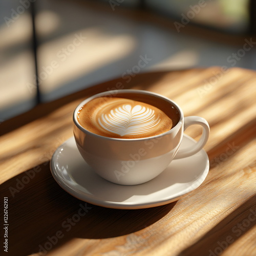 Cup of cappuccino with latte art on wooden table