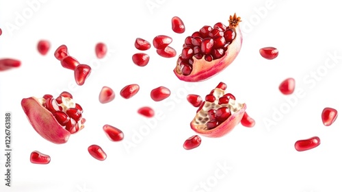 Pomegranate fruit flying in mid-air, a unique and creative concept for advertising or editorial use photo