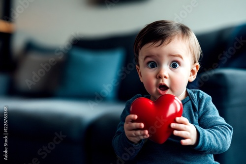 Commercial marketing visual design idea. Sign of love. Ð¡hildren valentine's day greeting card: toddler boy with amazed face holds red heart in hands. Love and togetherness. Love card with kids. photo