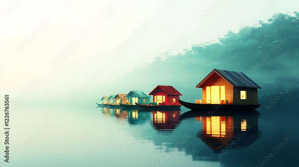 Fototapeta premium Colorful Houses on Water at Dawn with Reflection