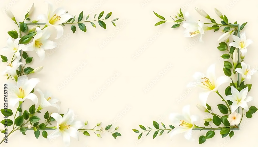 Naklejka premium White Lilies and Greenery Frame a Blank Space