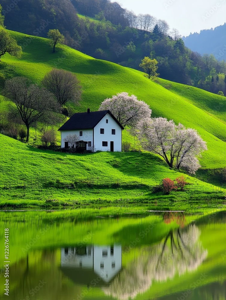 Scenic landscape featuring a solitary house by a tranquil lake, surrounded by vibrant green hills and blooming trees. Scenic landscape featuring a solitary house by a tranquil lake, surrounded by vibrant green hills and blooming trees.