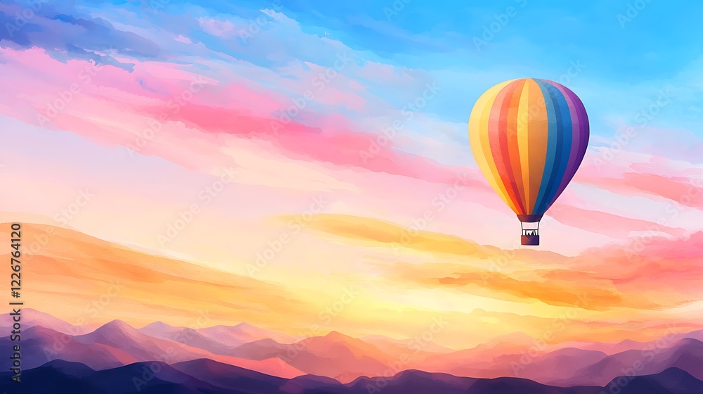 Obraz premium Colorful Hot Air Balloon Over Scenic Mountain Landscape