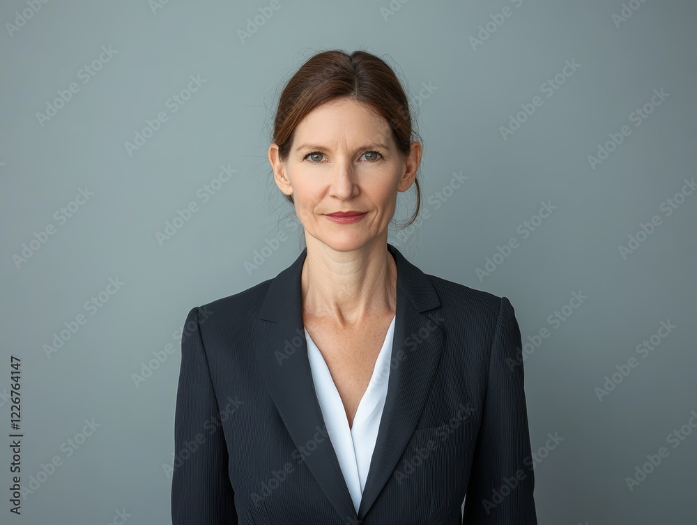 Portrait of a poised female professional in a dark suit, exuding confidence and leadership against a neutral background. Portrait of a poised female professional in a dark suit, exuding confidence and leadership against a neutral background.