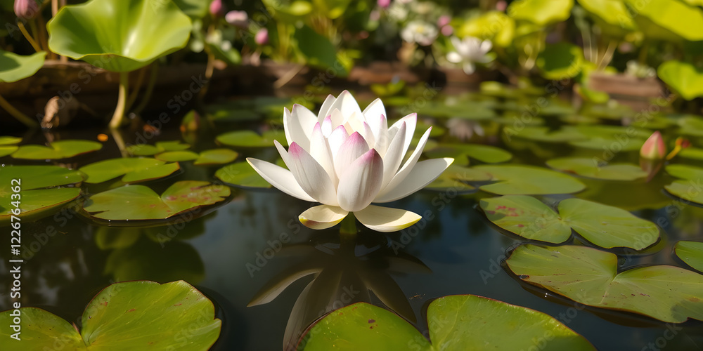 A detailed focus on a single lotus flower in a pond, expanding to a wide view of a serene water garden, 8K resolution A detailed focus on a single lotus flower in a pond, expanding to a wide view of a serene water garden, 8K resolution