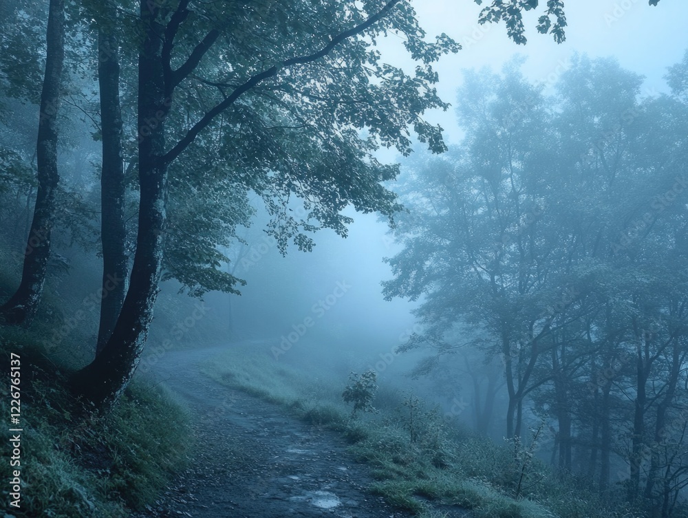 Naklejka premium Misty trail through a dense forest at dawn.