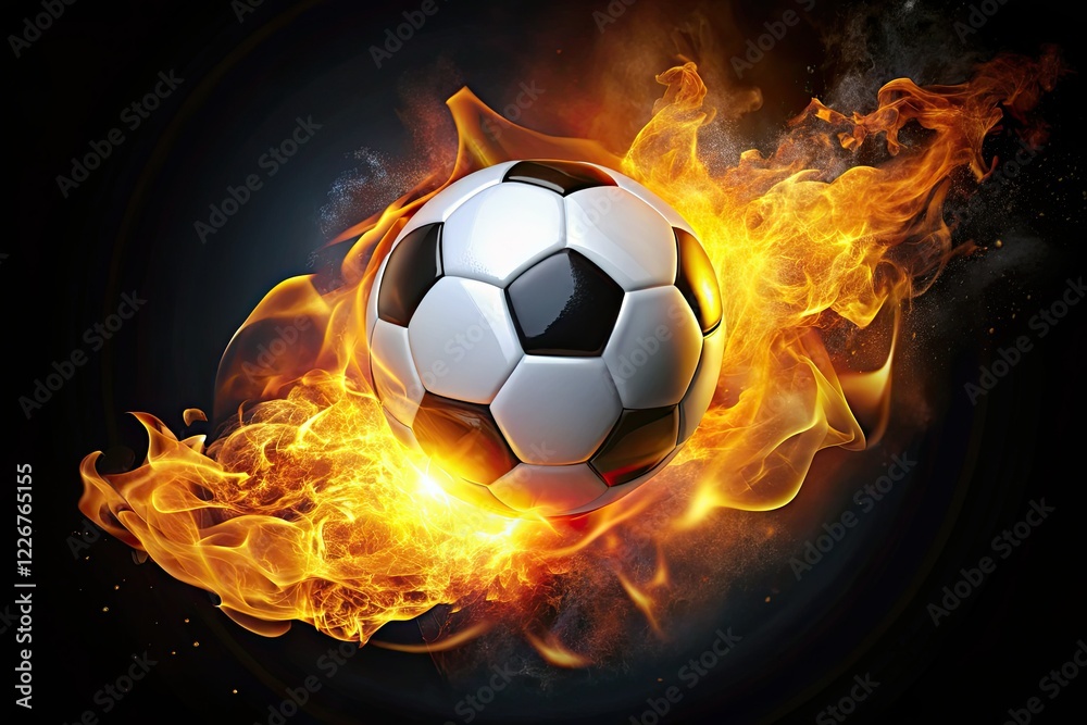 Naklejka premium Fiery Soccer Ball, Animated, 3D Rendering, Burning Soccer, Black Background