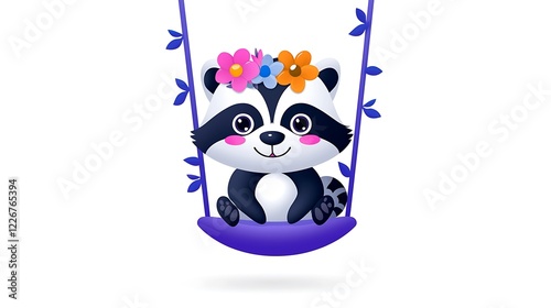 Cute cartoon raccoon wearing flower crown on purple swing.
