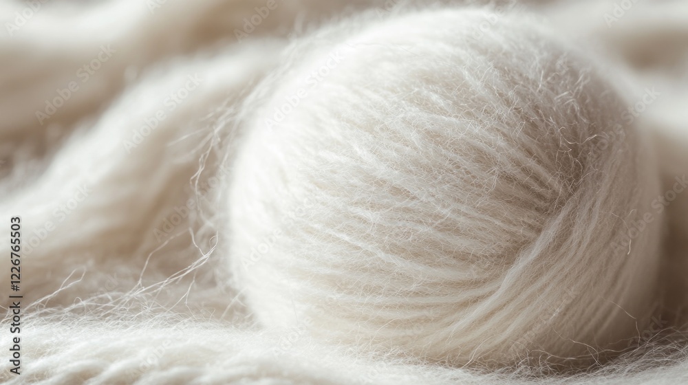 A ball of white yarn lying on a white blanket, ideal for use in textile or craft-related projects A ball of white yarn lying on a white blanket, ideal for use in textile or craft-related projects