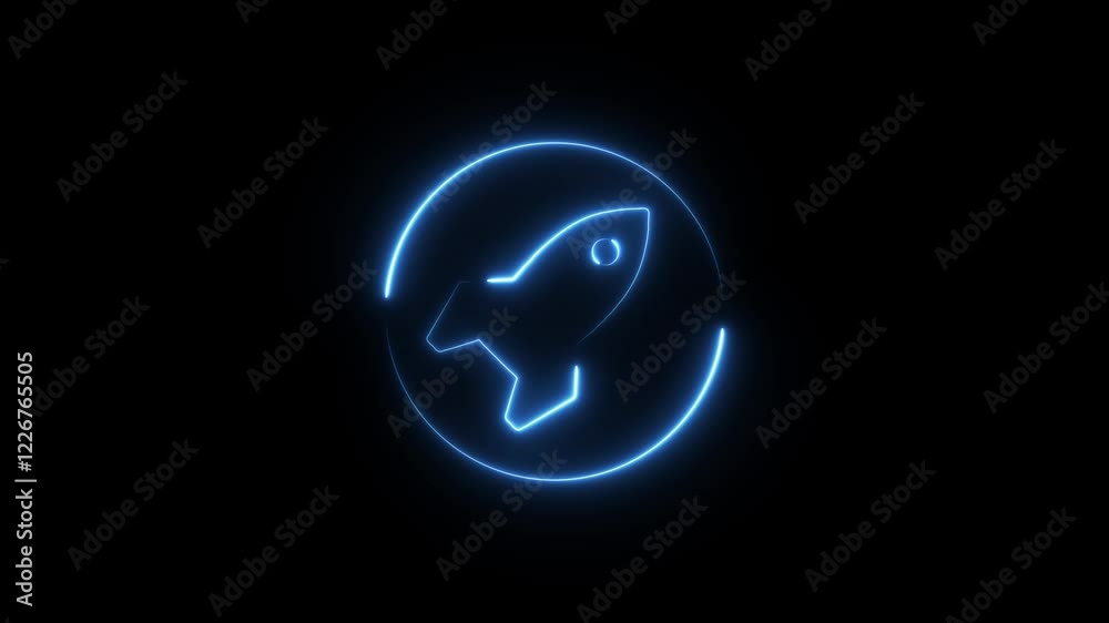 Glowing neon line rocket spaceship icon isolated on transparent background. New idea, business, innovation and technology concept. 4K Video motion graphic animation.