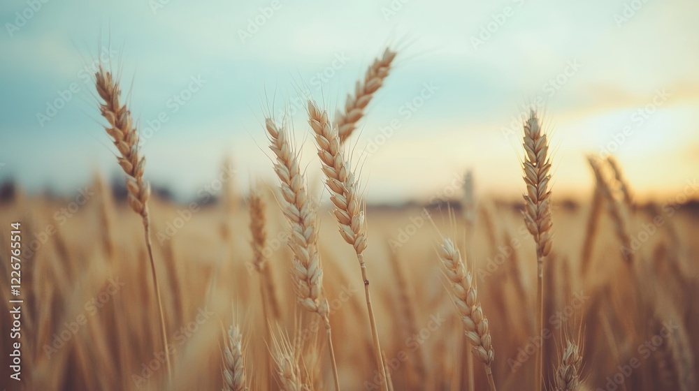 Close-up of ripe wheat stalks swaying gently in a field during a serene sunset, showcasing the beauty of agriculture. Close-up of ripe wheat stalks swaying gently in a field during a serene sunset, showcasing the beauty of agriculture.